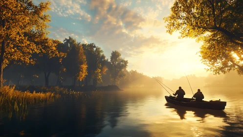 Golden lake sunrise with two friends quietly fishing together.