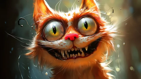 Wild-eyed ginger mischief cat drenched in gleeful madness.