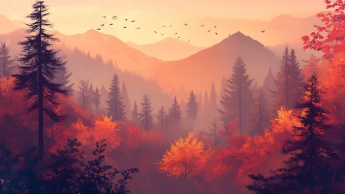 Autumn's Fiery Embrace: Misty Mountain Forest Ablaze