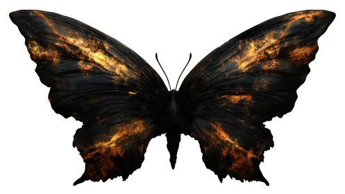 Dark textured butterfly with glowing golden wing accents.