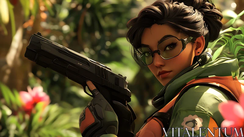 Armed jungle scout locks target amid lush neon foliage.