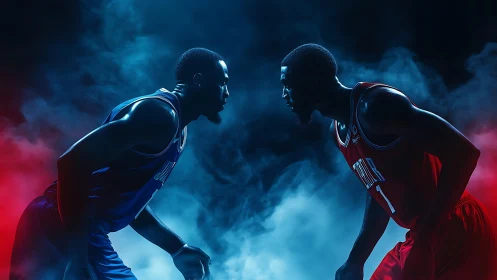 Rivals in the mist pause before a glowing court showdown.