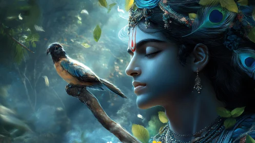 Blue skinned figure with bird on branch in misty forest scene