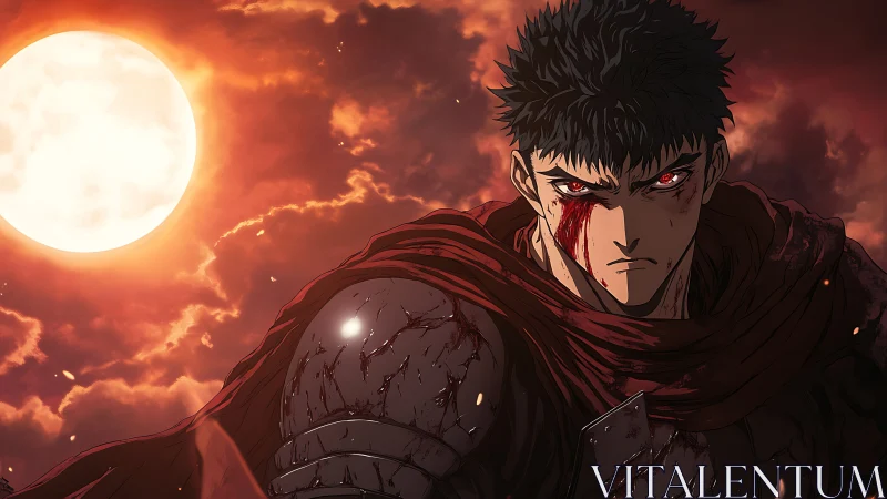Anime warrior under blood-red moon in dramatic chiaroscuro.