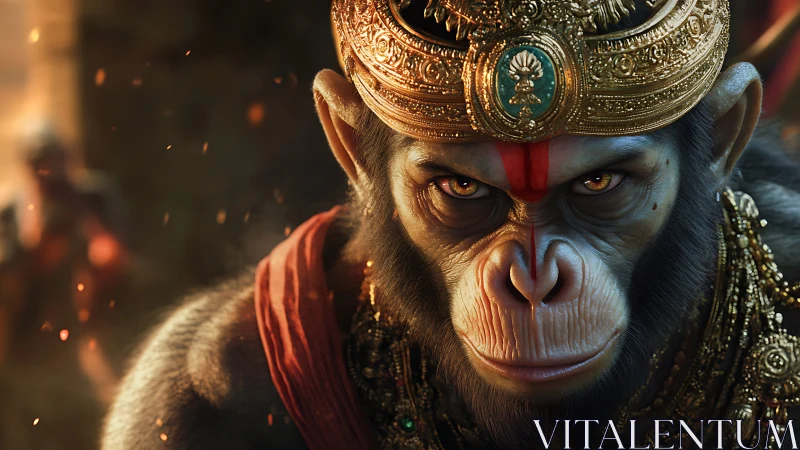 Crowned warrior monkey locks a molten gaze on destiny