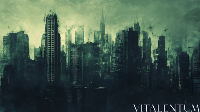 Desaturated dystopian skyline rendered in misty green haze.