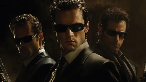 Three suited men wearing dark sunglasses in low-key light.