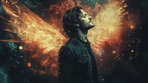 Stargazing angel in a leather jacket wrapped in cosmic glow.