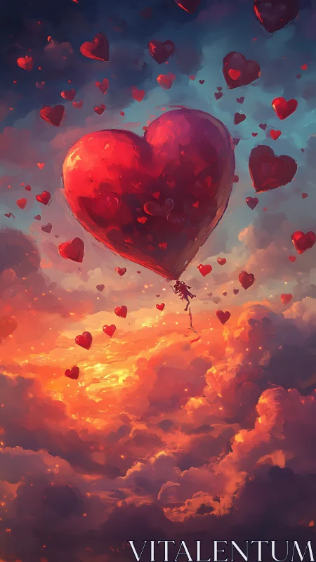 Giant Heart-Shaped Balloon Ascending Through Luminous Clouds.