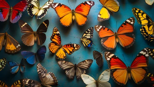 Multiple butterfly specimens are arranged against blue background