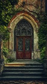Gothic stone portal with ornate wooden doors in ivy overgrowth
