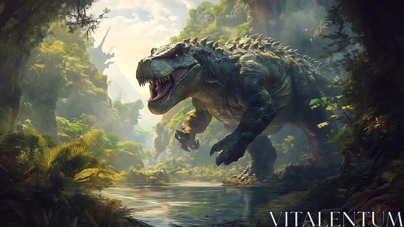 Gigantic reptilian predator strides through dense, mist-lit jungle canyon