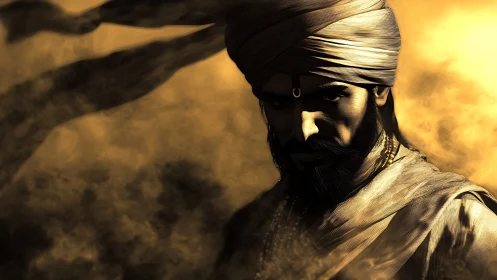 Turbaned male figure in directional side lighting portrait.