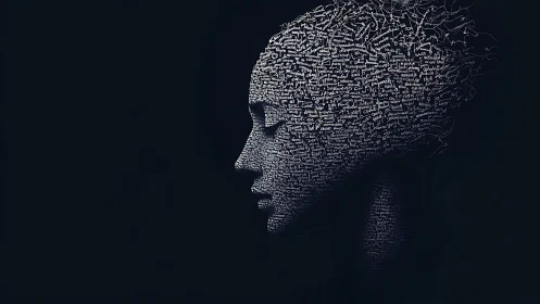 Side profile head silhouette built from dense handwritten text