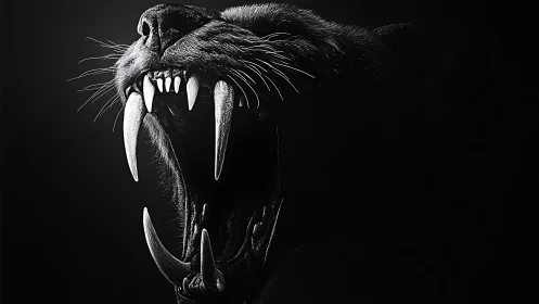 Snarling Big Cat Displays Aggressive Fangs in Darkness