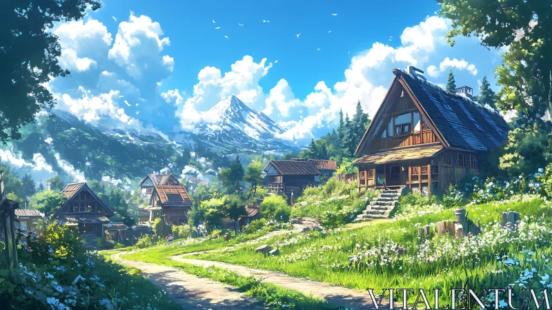 Sunny alpine village path with wooden cottages and peak.