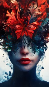 Surreal portrait with erupting red floral abstraction.