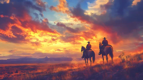 Cowboys at sunset riding toward a glowing painted horizon.