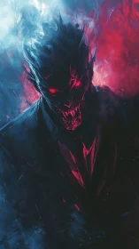 Humanoid silhouette with red eyes in dual color smoke.