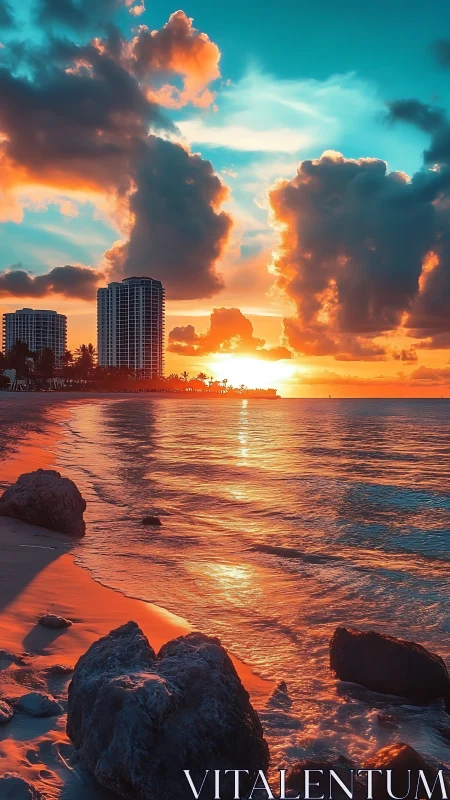Coastal high-rise skyline under vivid cyan-orange sunset glow.