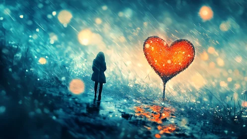 Solitary figure observes luminescent heart form amid rain