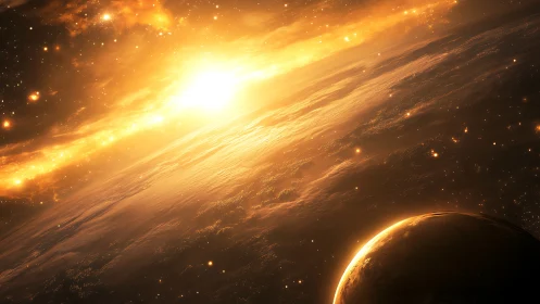 Stellar sunrise over molten world in golden nebula glow.