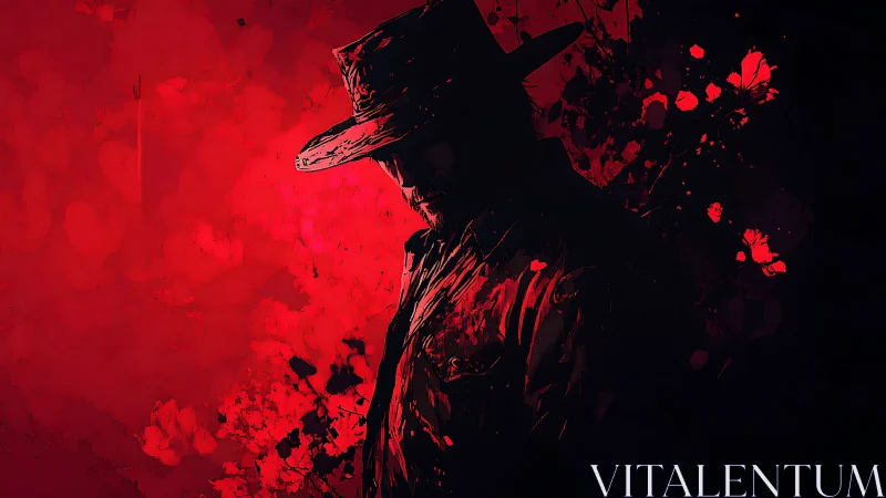Silhouetted gunslinger in crimson splatter abstraction.