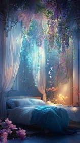 Dreamlike floral bedroom glows with ethereal twilight light.
