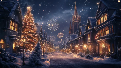 Snowlit village boulevard wrapped in festive starlight.