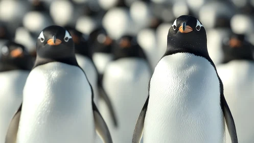 Close-up of Two Gentoo Penguins in a Large Colony, Photorealistic.