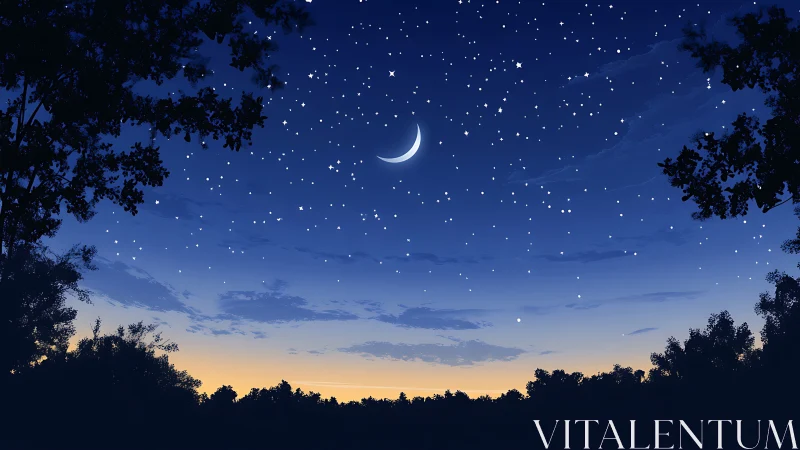 Soft crescent moon smiles over a peaceful starlit forest