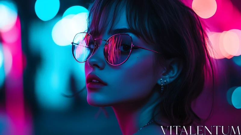 Neon-lit portrait captures reflective glasses and cool allure.