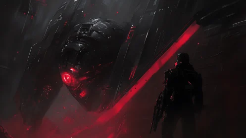 Cyberpunk sentinel drone over red-ruptured hangar bay encounter.