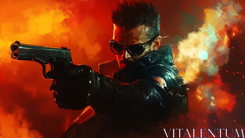 Gunmetal glare in scarlet smoke, lone antihero unleashed.