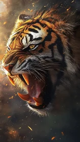 Roaring tiger head in dynamic fiery digital detail.