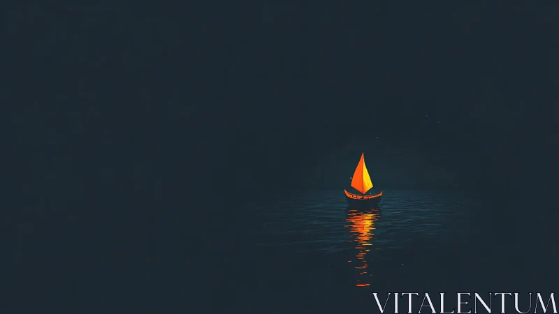 Tiny golden sailboat drifting through midnight quiet waters.
