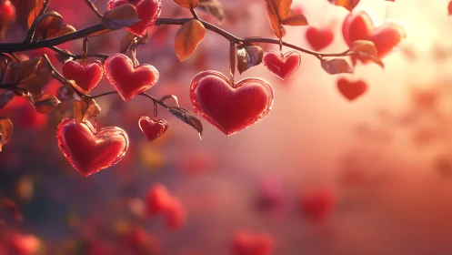 Heart-Shaped Ornaments on Branch with Warm Atmospheric Bokeh