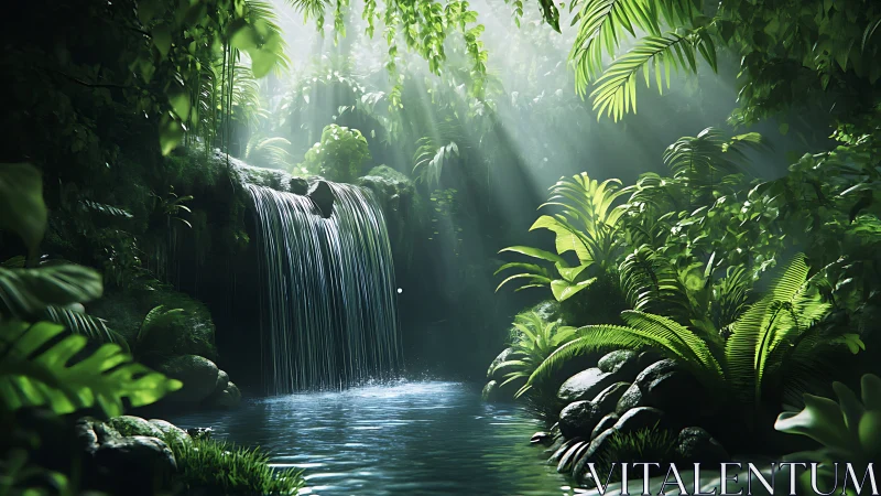 Sunlit jungle waterfall invites calm reflection and quiet wonder