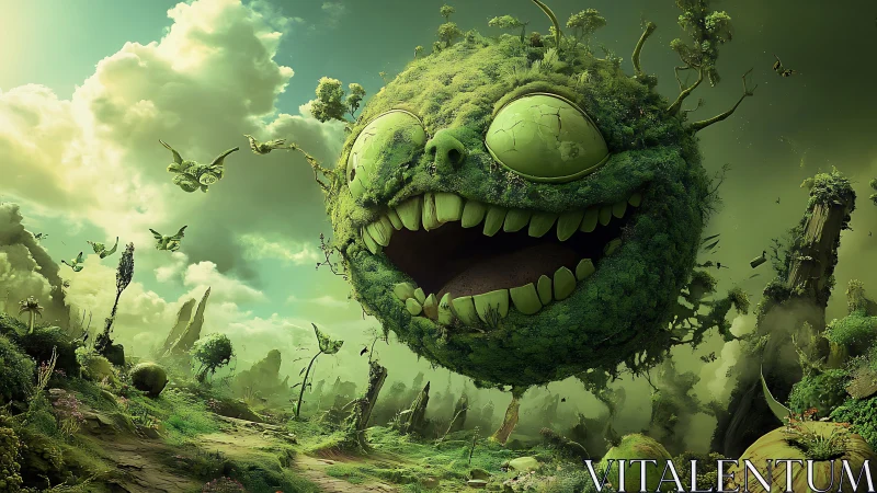 Laughing moss planet hangs over decayed alien valley.