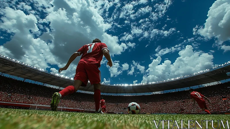 Soccer player in red kit approaching ball on stadium field.