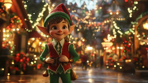 Cartoon elf character in illuminated winter street scene.