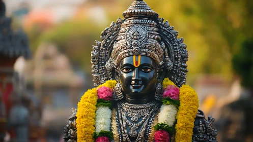 Hindu deity statue adorned with colorful flower garlands.