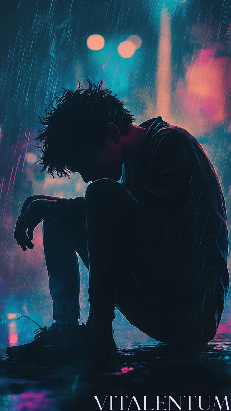 Silhouetted youth kneels in neon rain, lost in quiet sorrow
