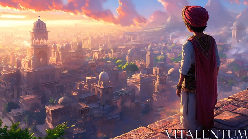 Young figure overlooks sunlit fantasy Middle Eastern cityscape