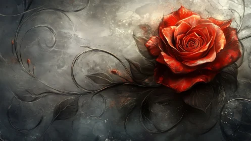 Crimson Rose Blooming Against Ethereal Stone Texture.