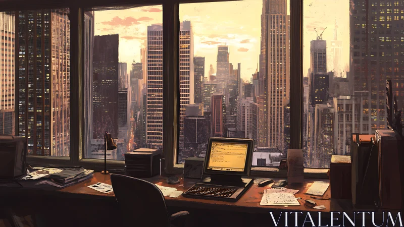 Digital painting of dusk office overlooking dense city grid.