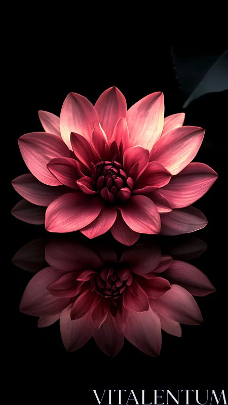 Pink Dahlia with Reflection on Black Surface