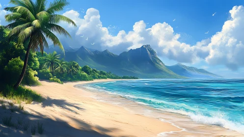 Tropical Beach Paradise with Volcanic Mountain Landscape