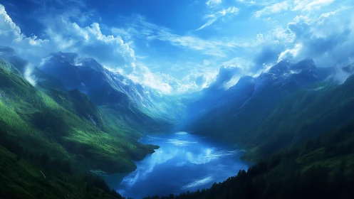 Sunlit alpine valley cradles a tranquil sapphire mountain lake