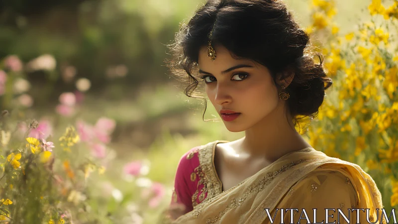 Elegant Woman in Traditional Sari Amid Vibrant Floral Garden Portrait.